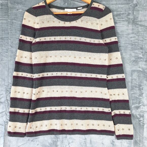 Womens Sweater Small Cashmere Studded Striped‎ Luxury Preppy Casual Cozy Soft - Picture 1 of 5